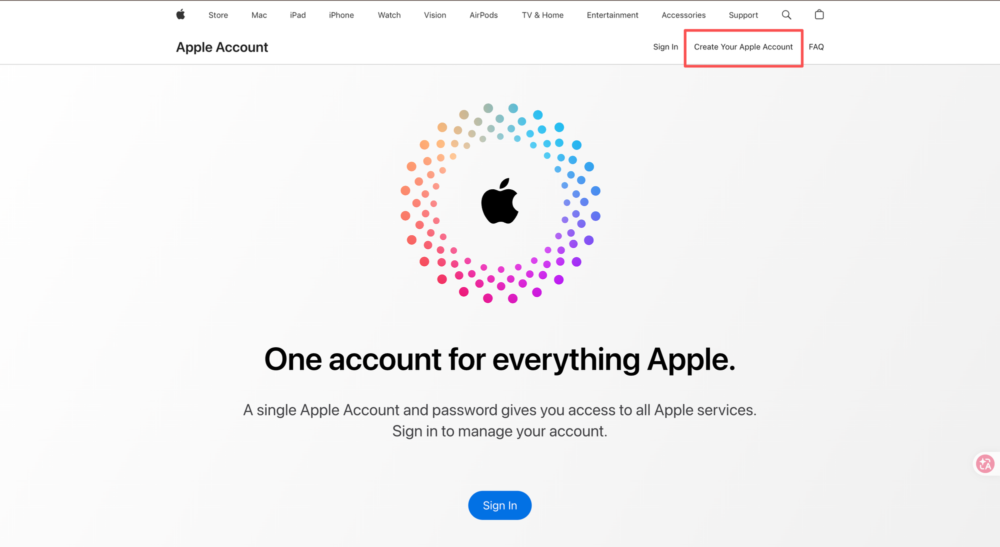 Apple Account 首页 — 点击 Create Your Apple Account