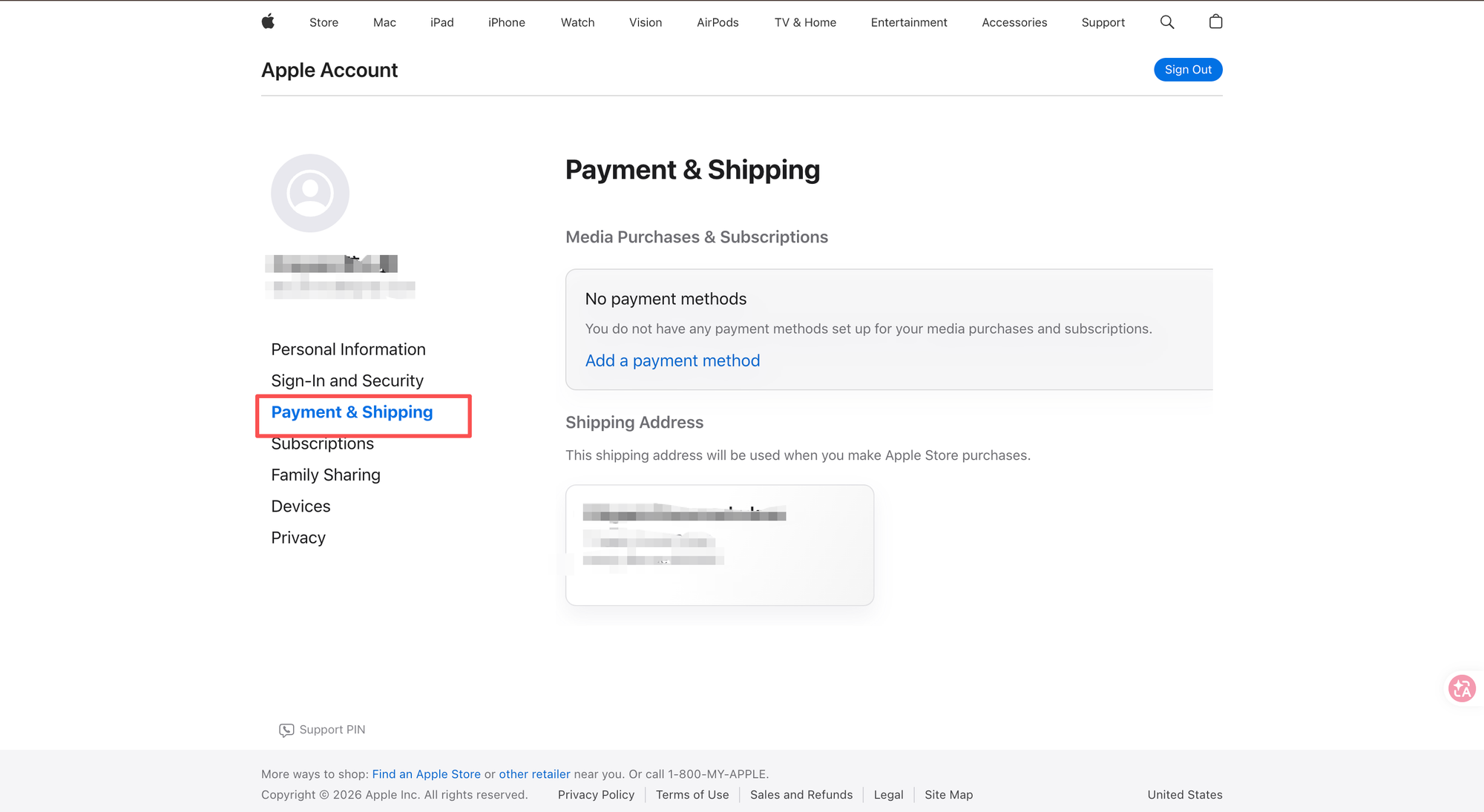Apple Account — Payment & Shipping 页面