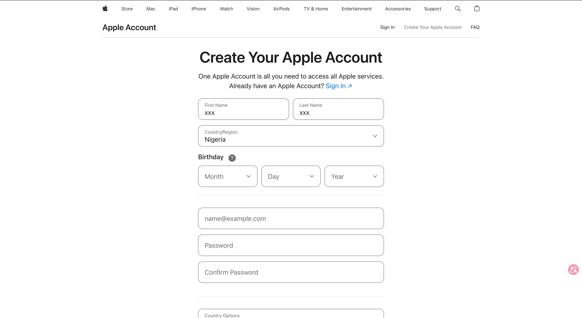 Apple 注册表单 — 地区选 Nigeria